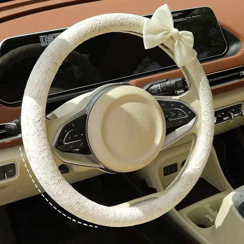 Lace Steering Wheel Cover 15-Inch with Bow-Knot Black