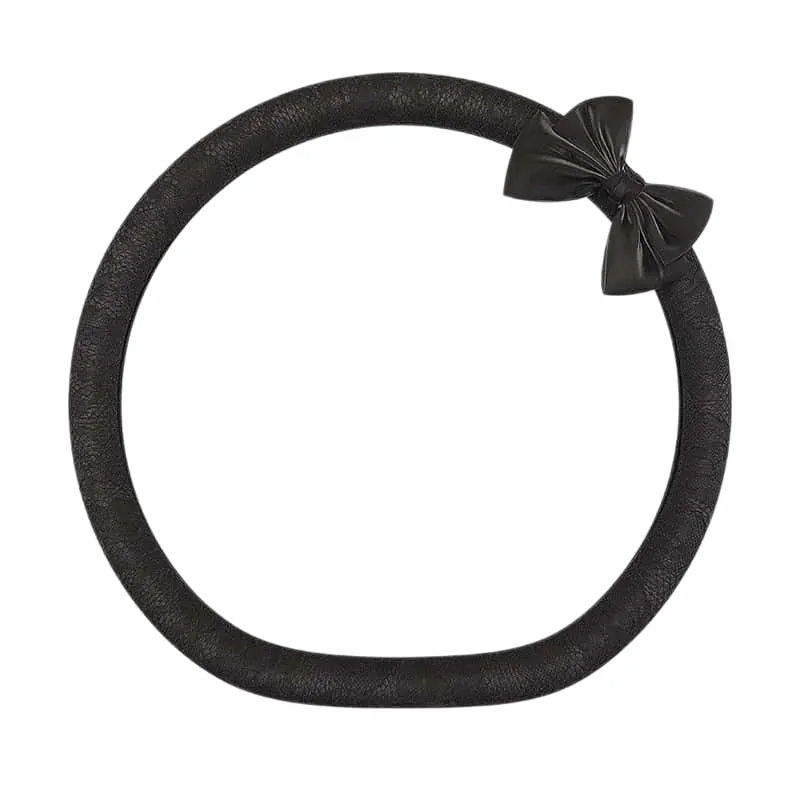 Solid black lace steering wheel cover with bow knot, D shape flat bottom