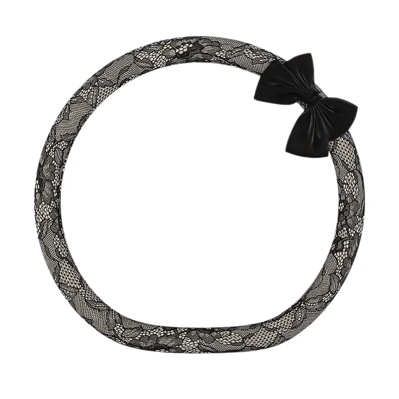 Onyx tweed lace steering wheel cover with black bow knot, D shape flat bottom