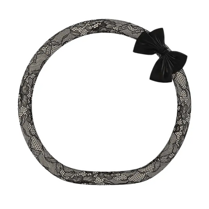 Onyx tweed lace steering wheel cover with black bow knot, D shape flat bottom