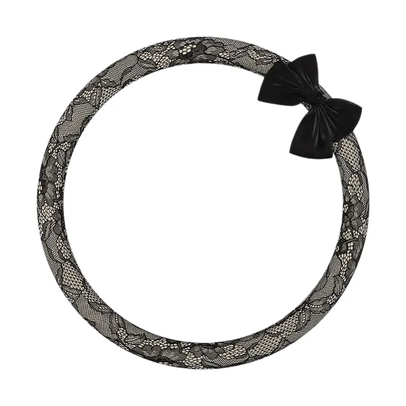 Onyx tweed lace steering wheel cover with black bow knot, round O shape