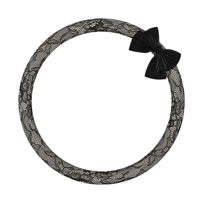 Onyx tweed lace steering wheel cover with black bow knot, round O shape