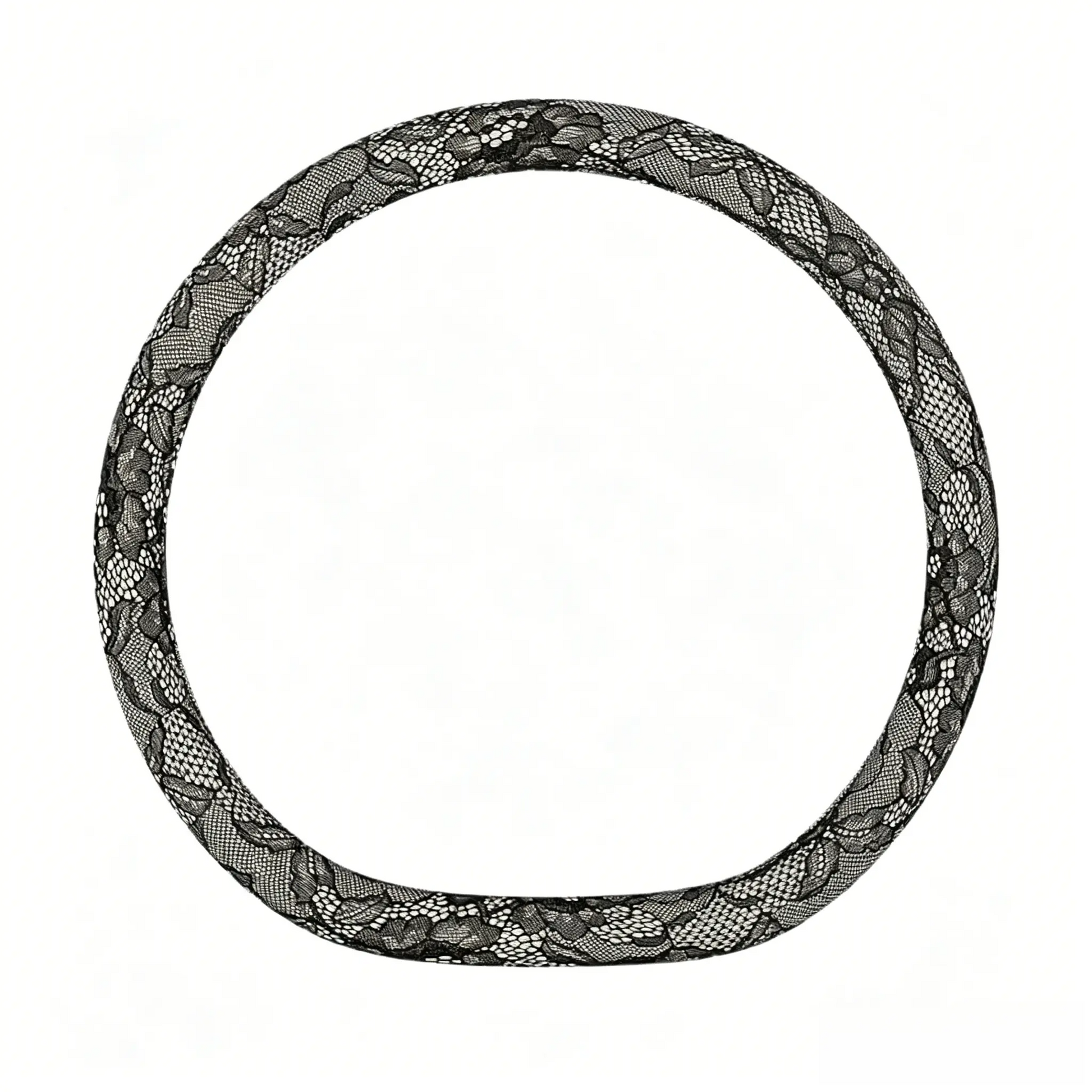 Onyx tweed black lace steering wheel cover, D shape flat bottom, 15 inch