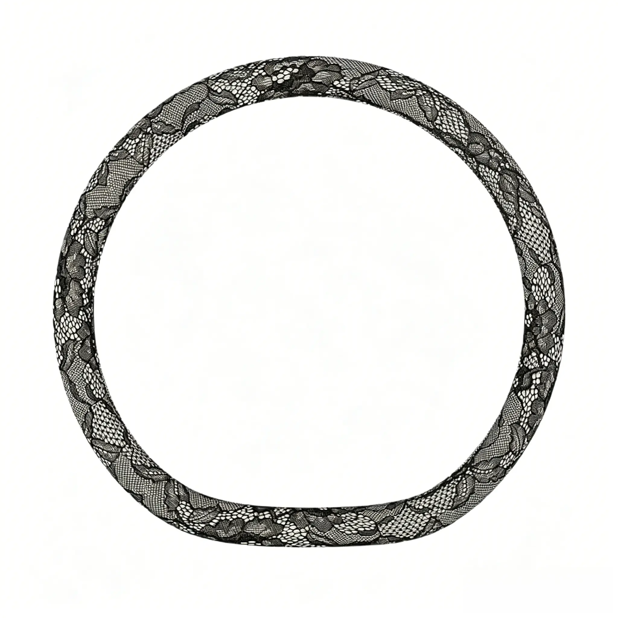 Onyx tweed black lace steering wheel cover, D shape flat bottom, 15 inch
