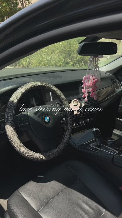 Lace Steering Wheel Cover 15-Inch with Bow-Knot Black